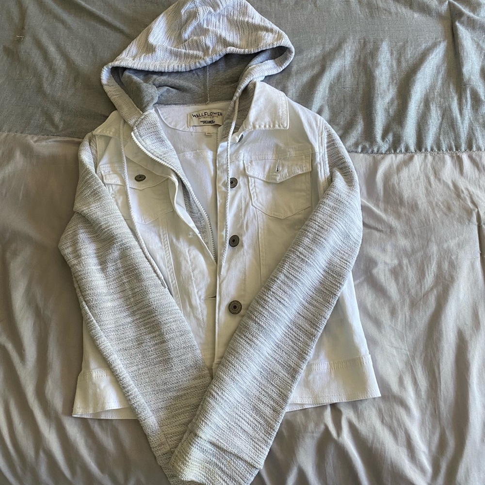 white jean jacket/ sweatshirt